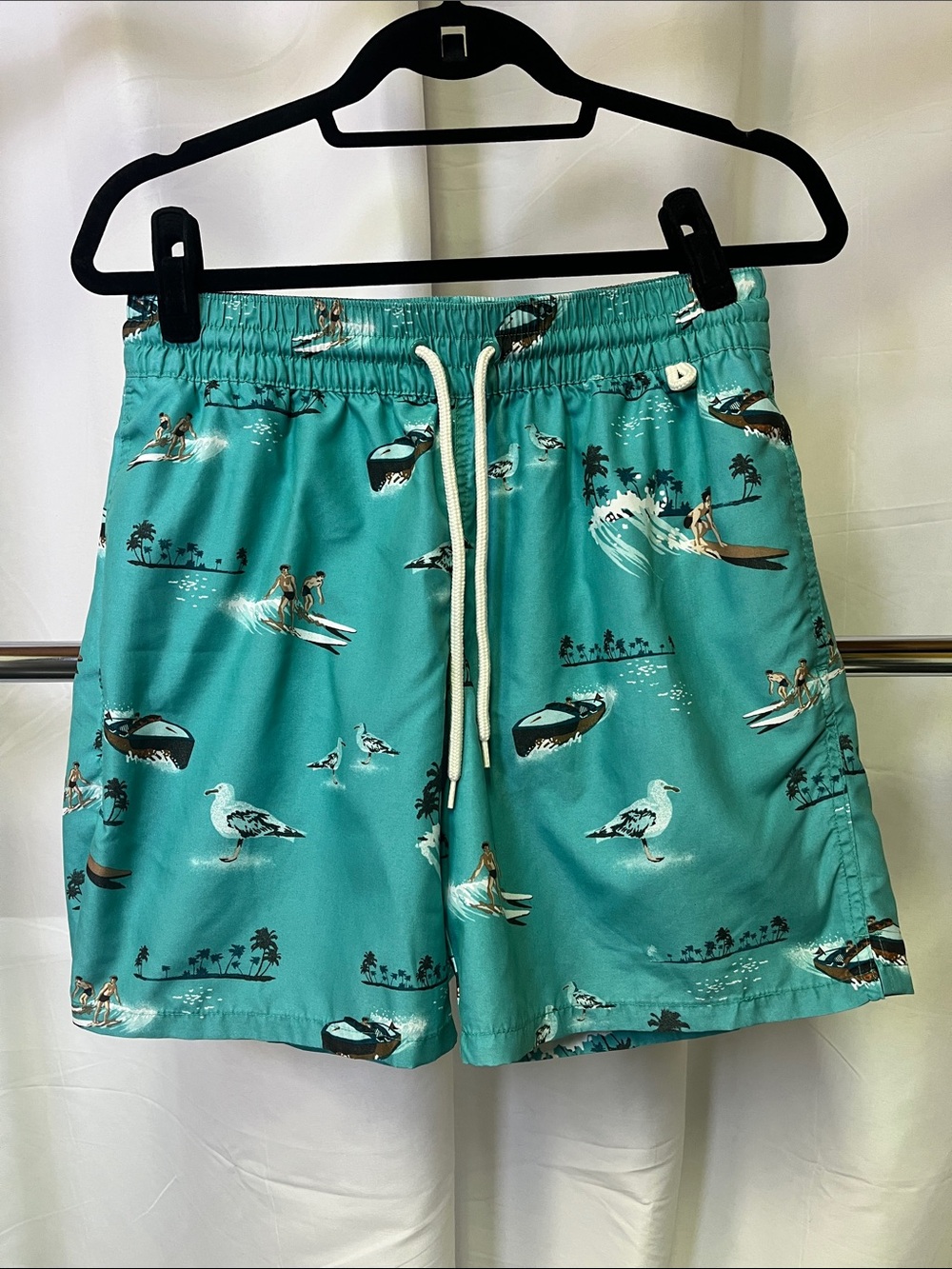 Merona mens Teal Surf & Seagull Print Swim Trunks medium - Picture 1 of 4